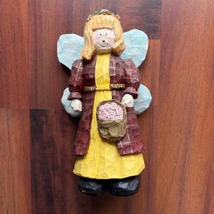 Hand Carved Wooden Angel Figurine Folk Art Floral Basket Wings